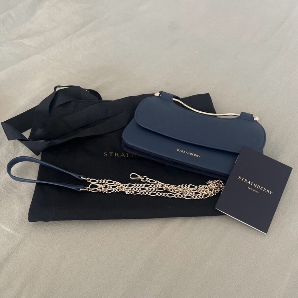 Strathberry Harmony Navy Clutch with Gold Chain